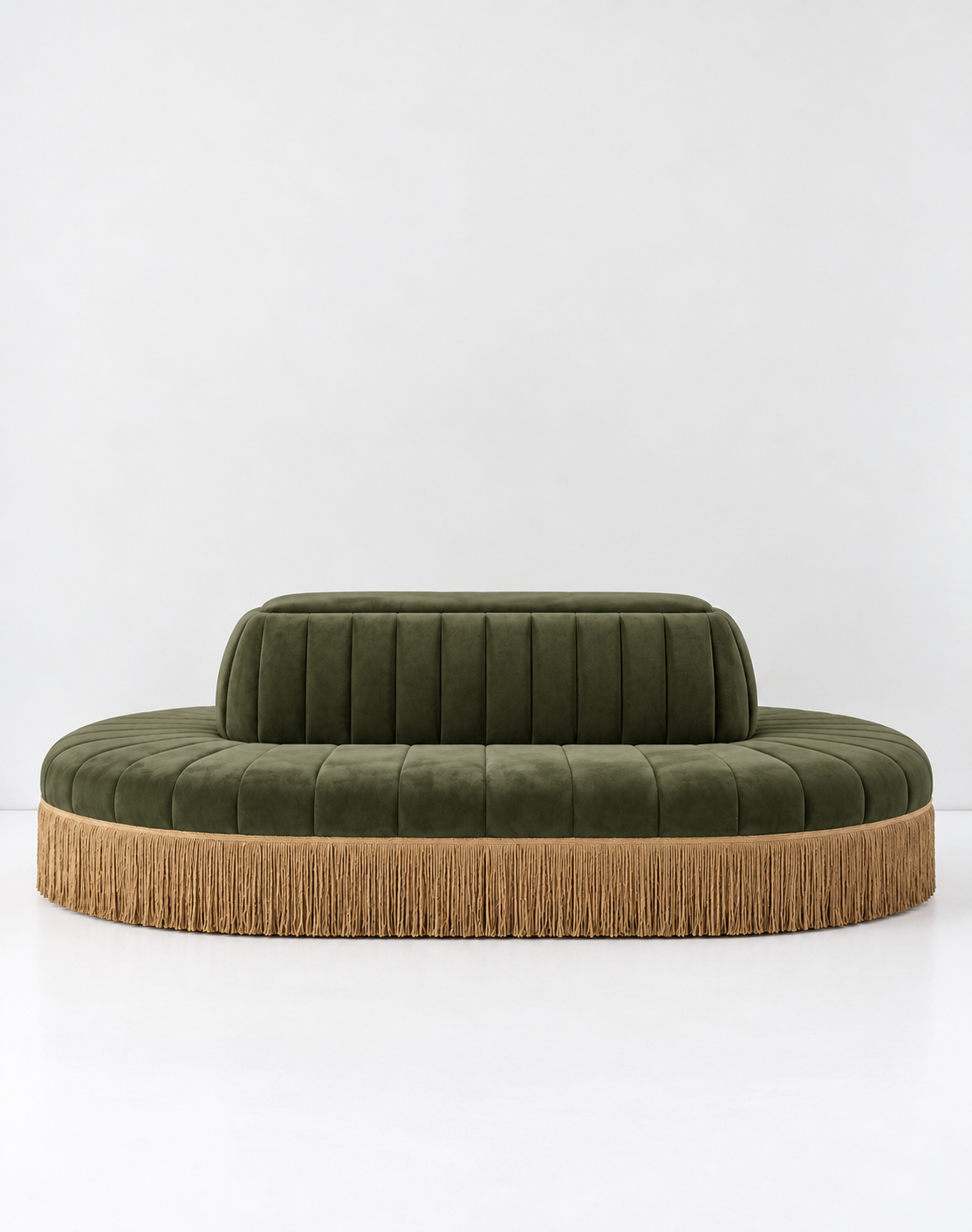 Olive Green Channel-Tufted Fringe Sofa